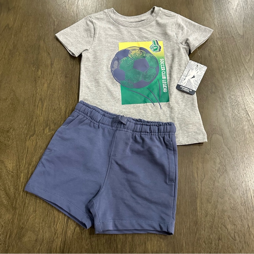 NWT Tommy Bahama Kids Gray Soccer Graphic Tee and Blue Shorts Set 2T
